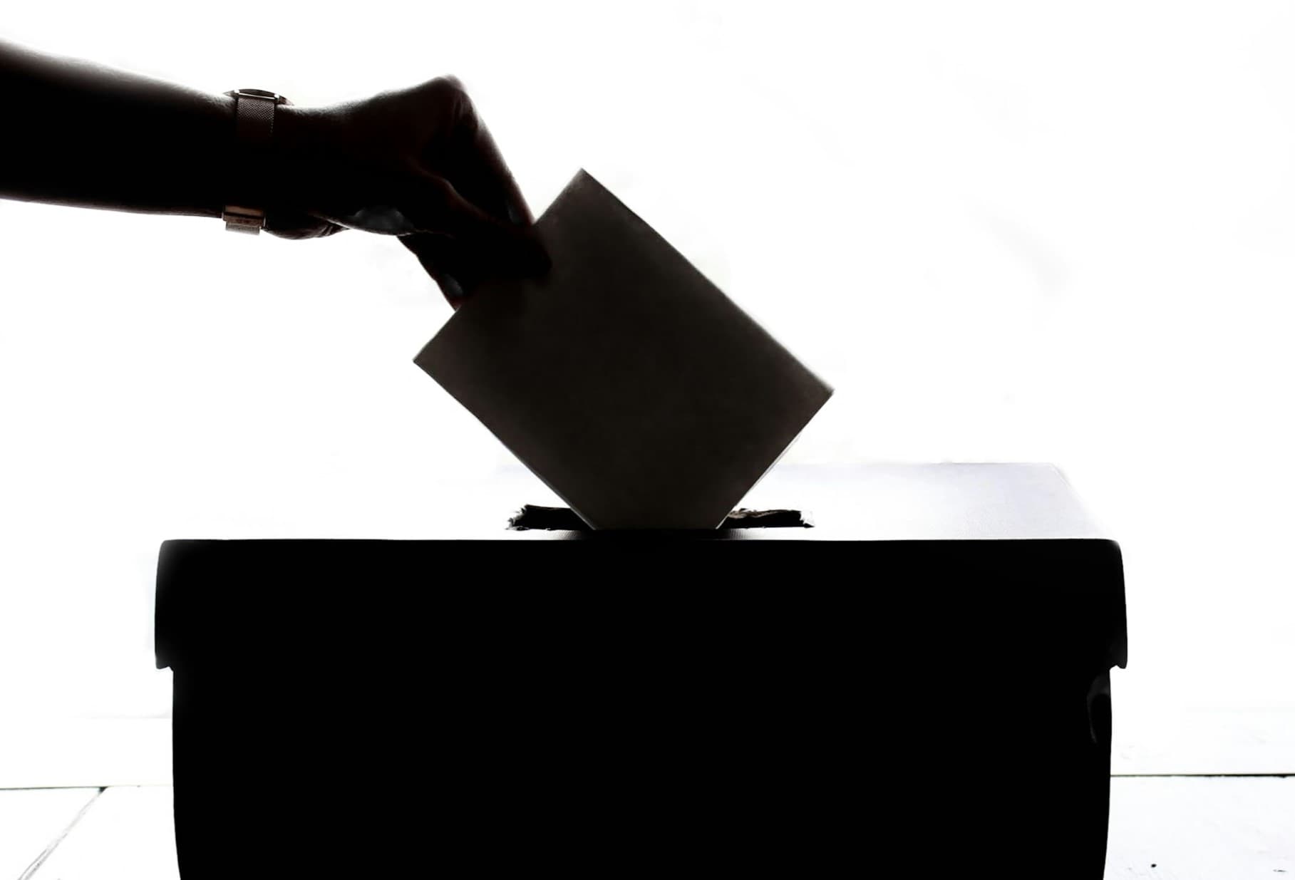 silhouette of a hand putting a ballot in a box. 