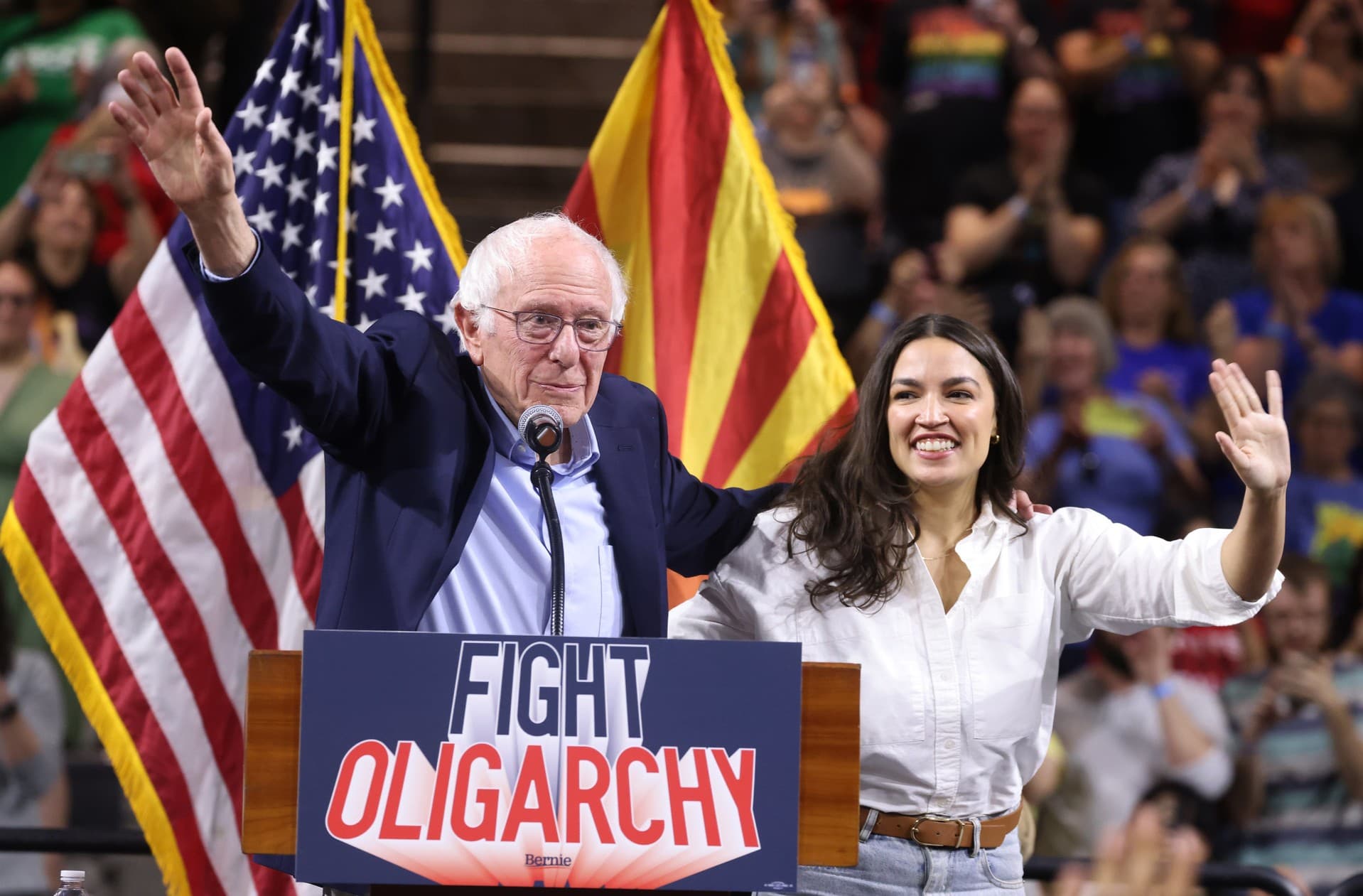 Bernie Sanders and AOC at a Fighting Oligarchy rally. 