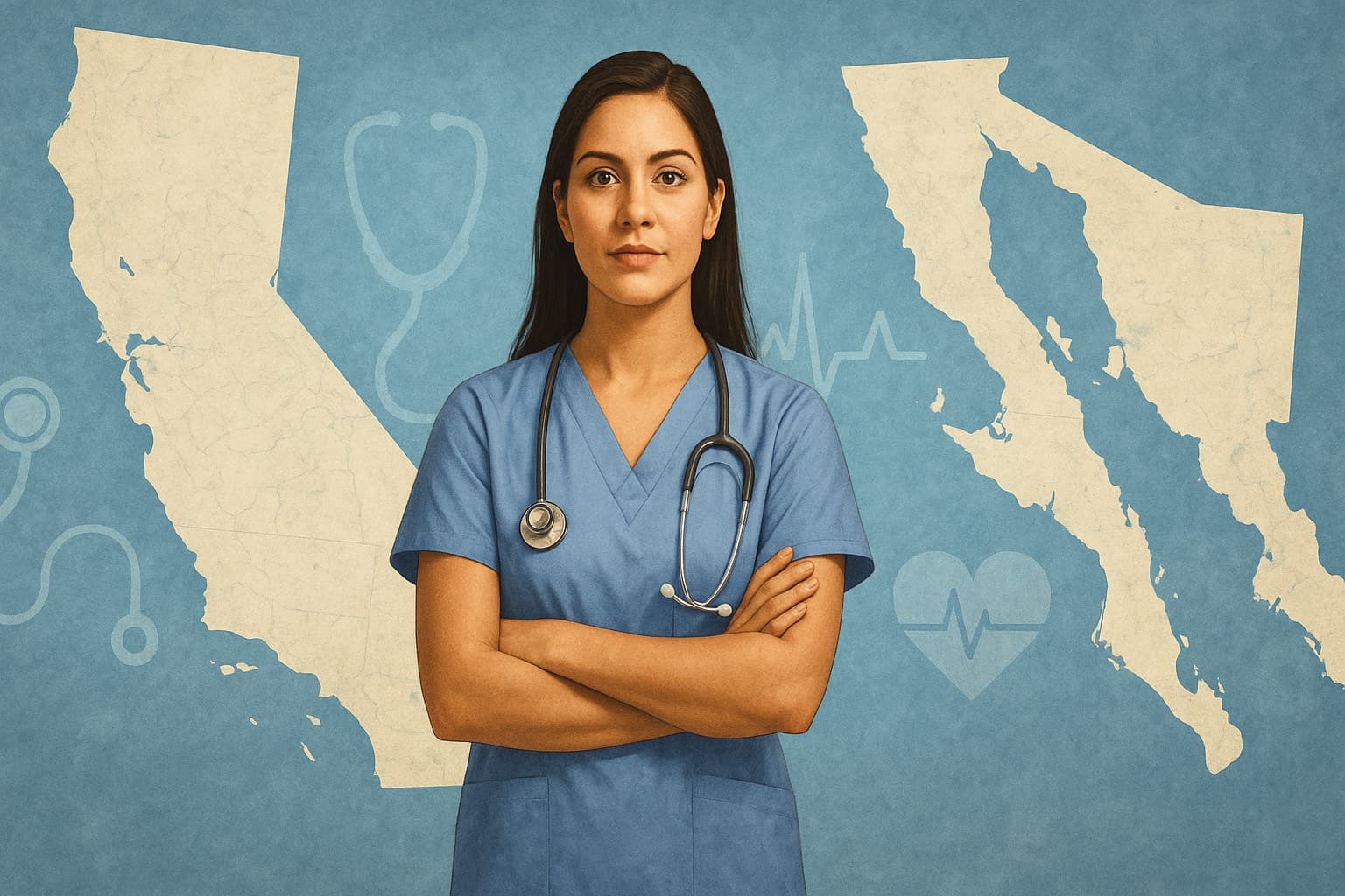 Nurse standing in front of a backdrop that shows a blank map of California and a blank map of Mexico.