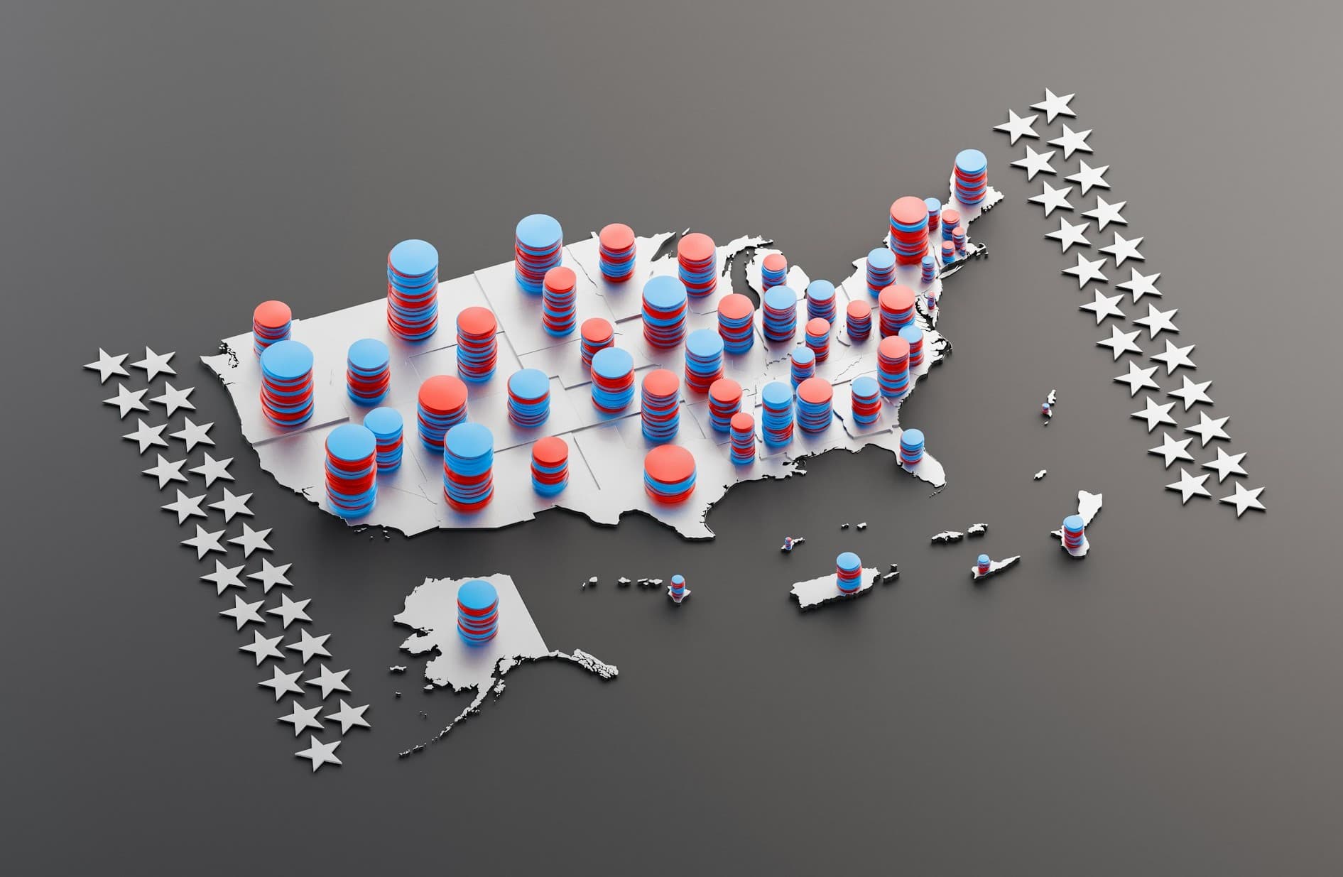 United states map with red and blue stacks over each state.