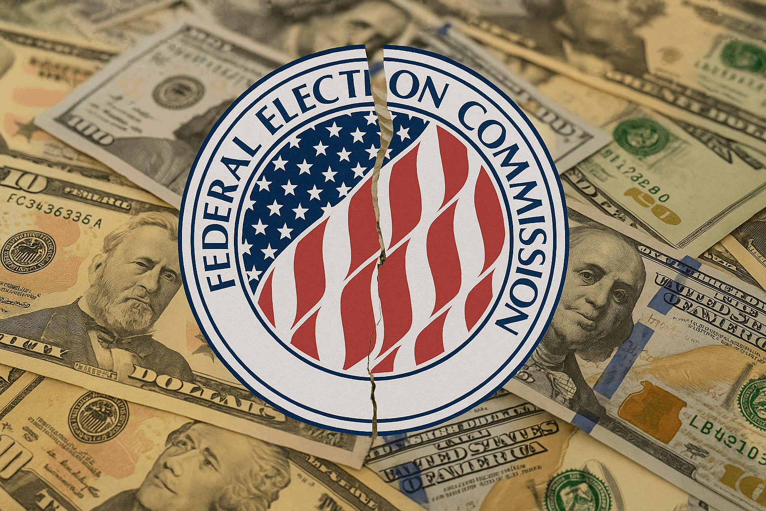A broken FEC logo over a pile of American money. 