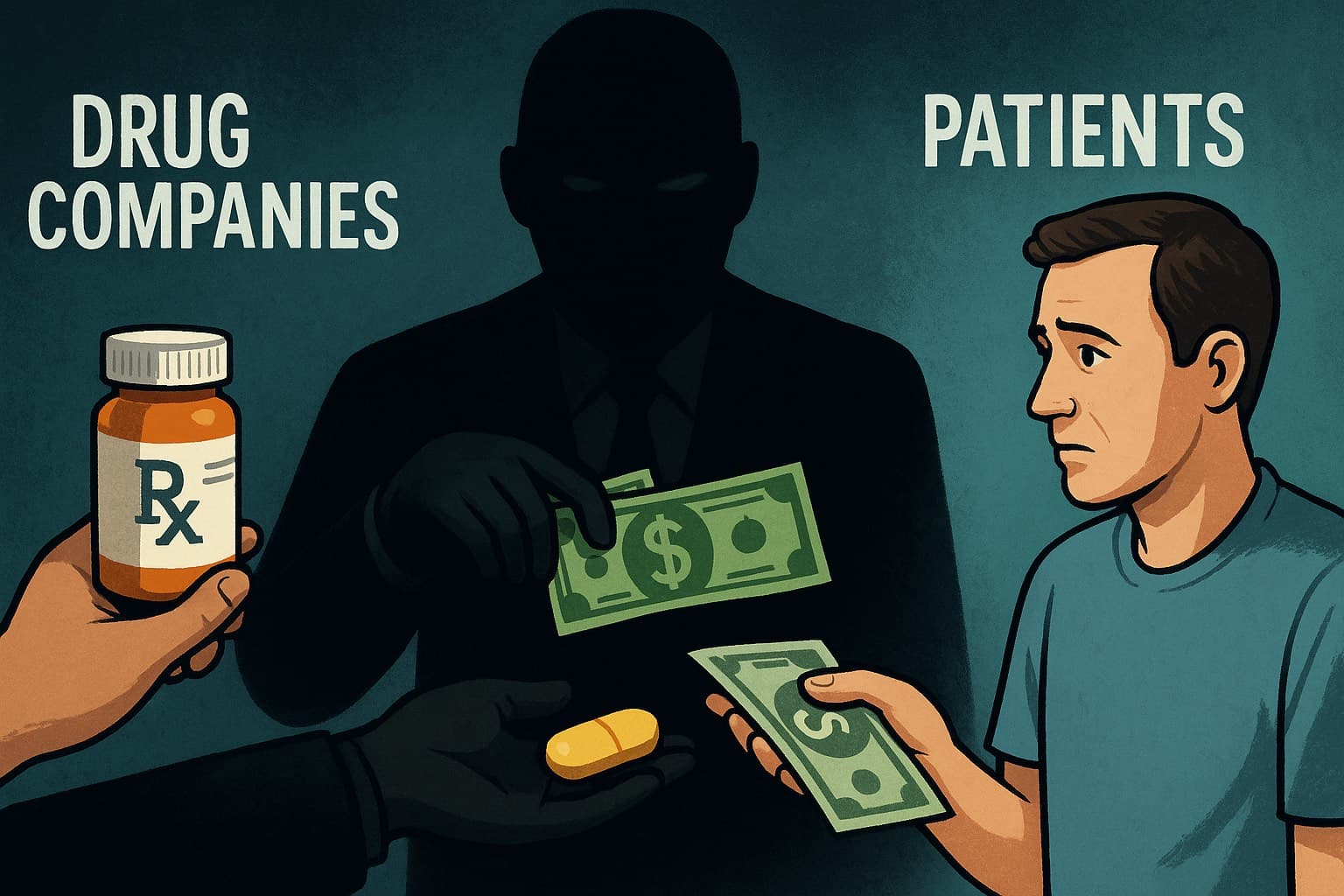 Image of a dark figure taking cash from a patient needing prescription drugs.