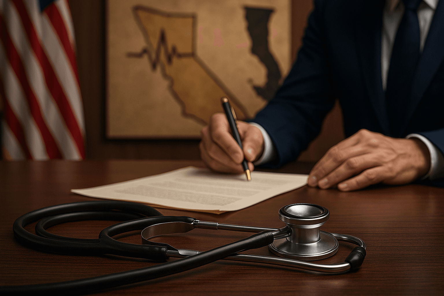 Man in suit sitting at desk writing on a document with a stethoscope on the desk and a map of California in the background.