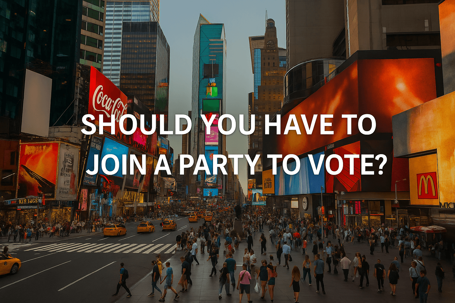 Time Square in the background with should you have to join a party to vote in caption.