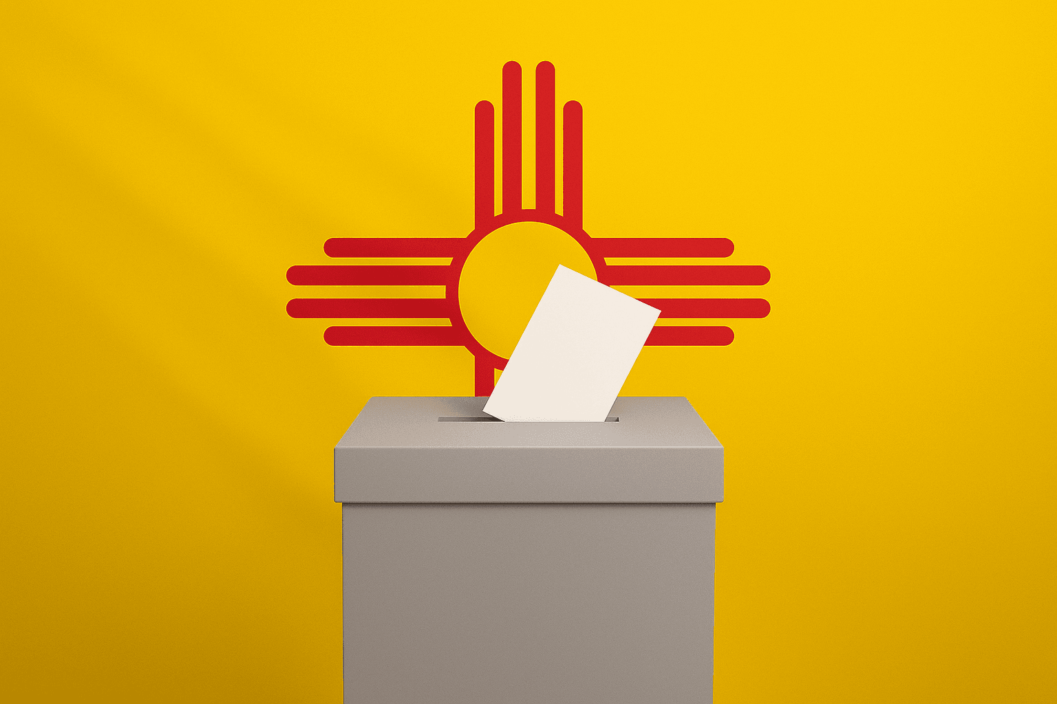 Grey ballot box with a white ballot going into it and the New Mexico flag in the background.