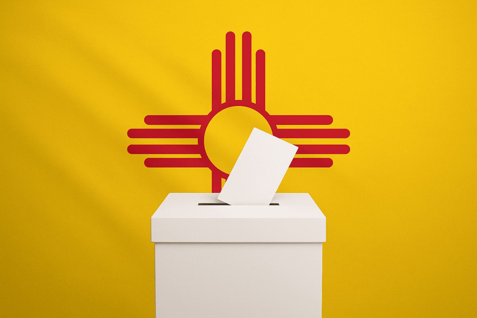 A ballot box with a ballot sticking out in front of a New Mexico flag backrrop. 