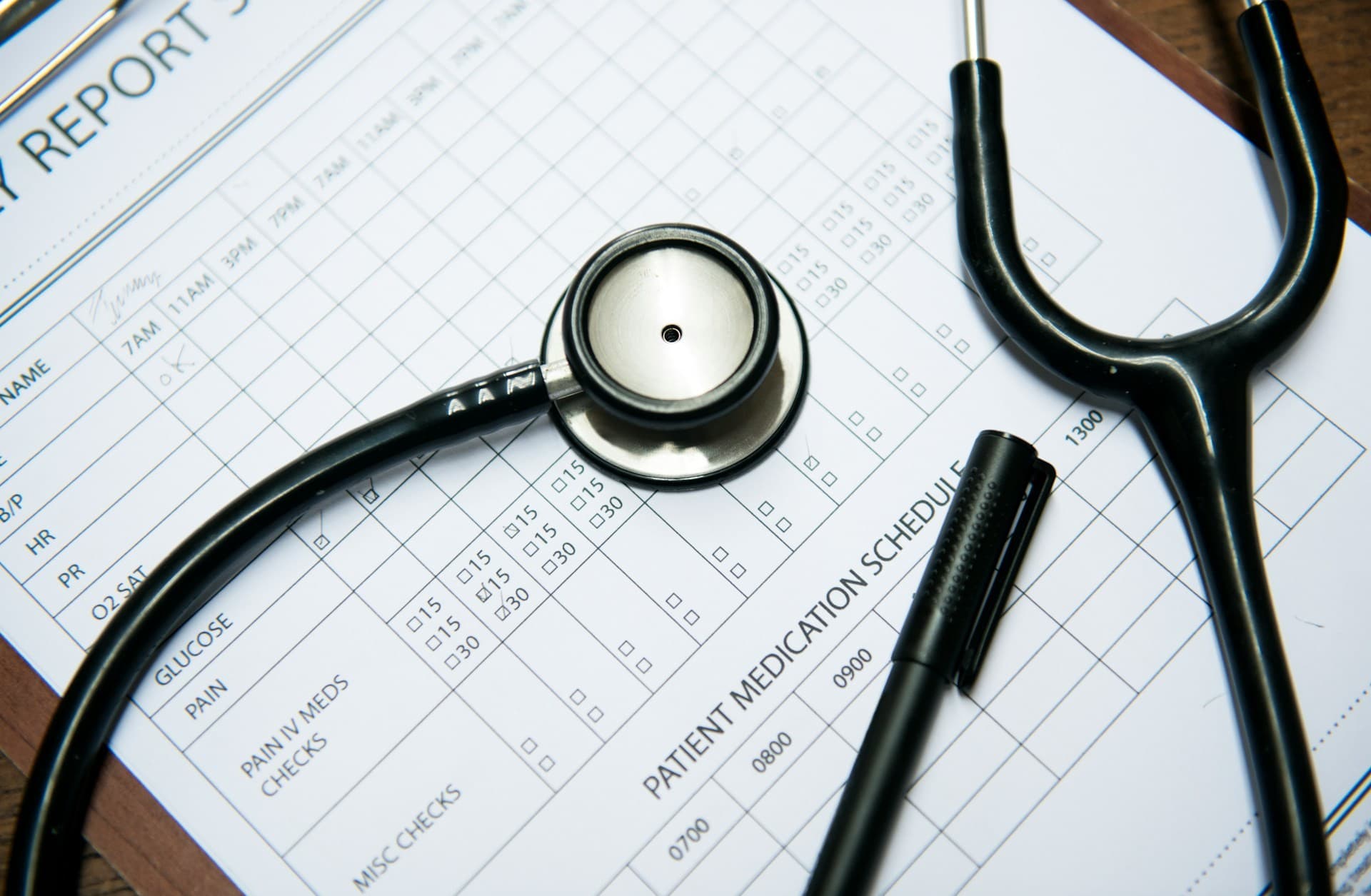A stethoscope on top of a medical chart. 