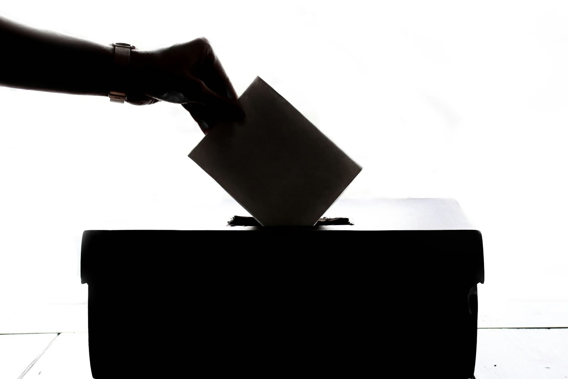 Silhouette of a hand placing a ballot in a box. 