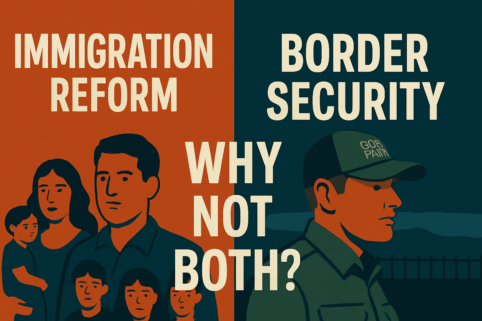 Custom image that says Immigration reform with two migrants on the left and border security with a border agent on the right. The words Why Not Both are in the middle. 