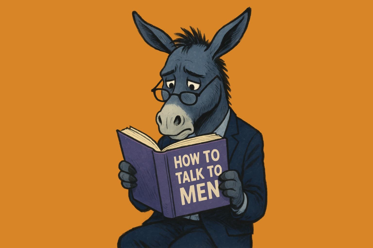 A donkey reading a book titled How to Talk to Men. 