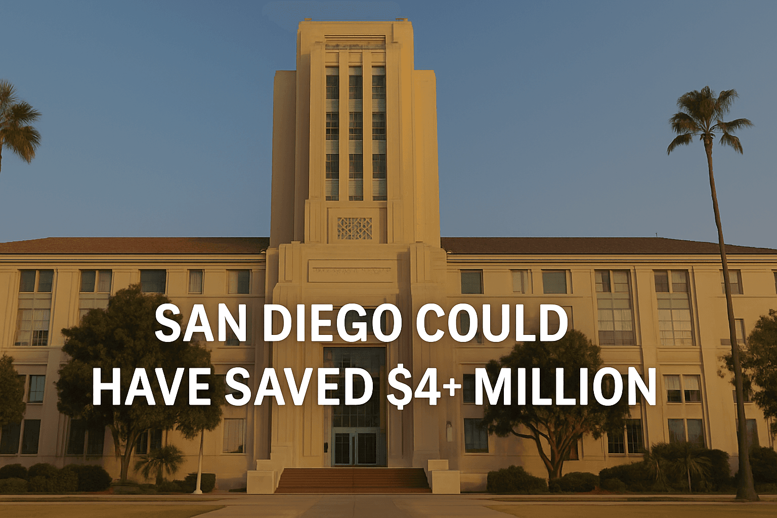 San Diego county building with the caption San Diego Could Have Saved $4+ Million