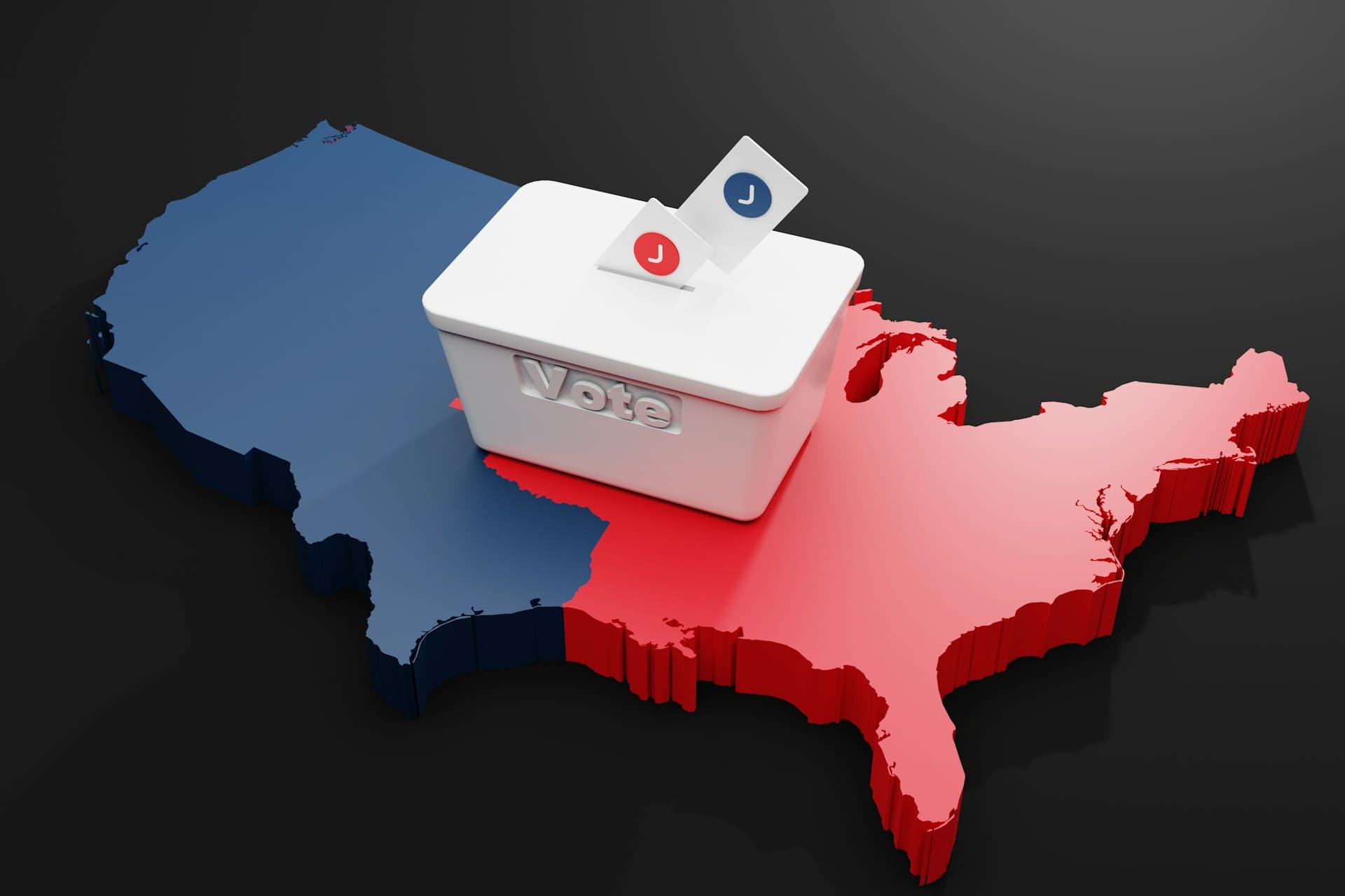 US map divided in blue and red with a white ballot box on top. 