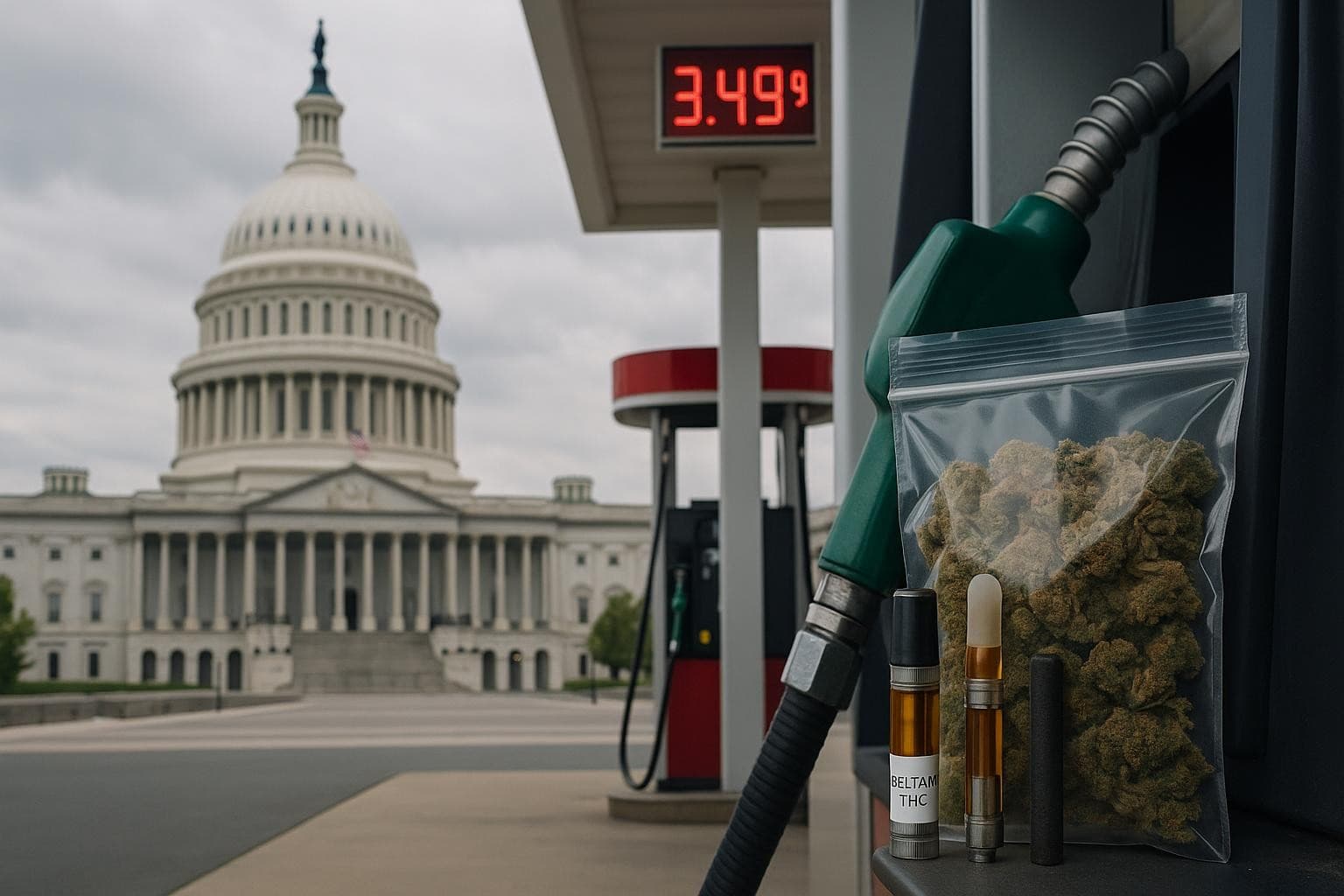 A gas station with cannabis products on the pump with the US Capitol building in the background.