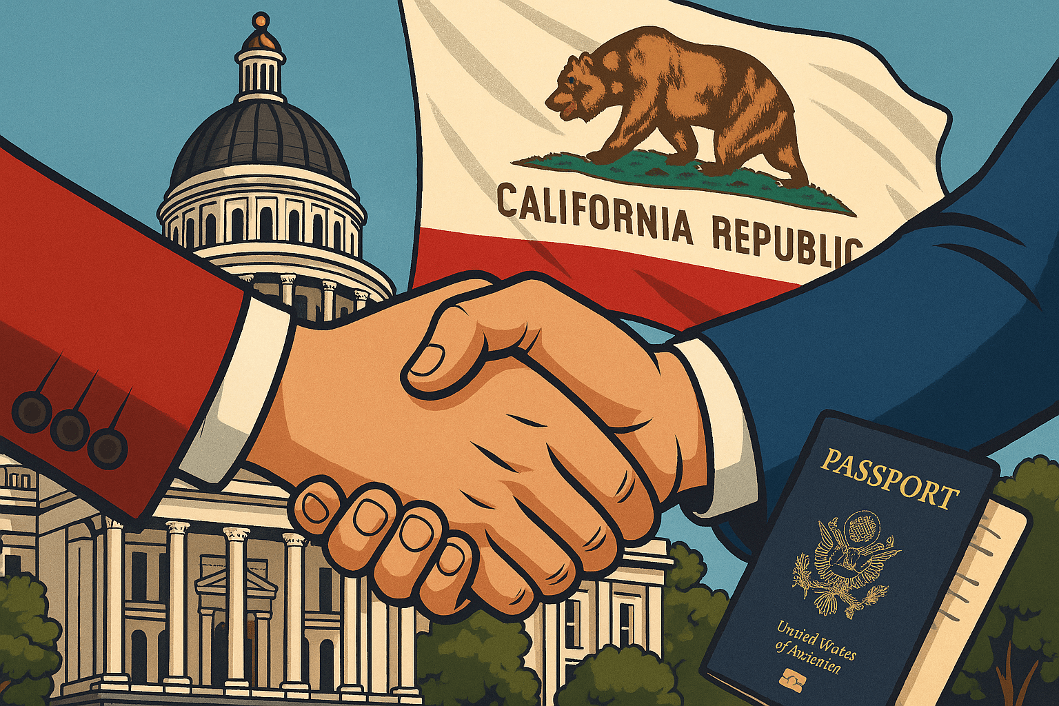 California Capitol Building and Flag with Two Lawmakers Shaking Hands & Passports in Front of It