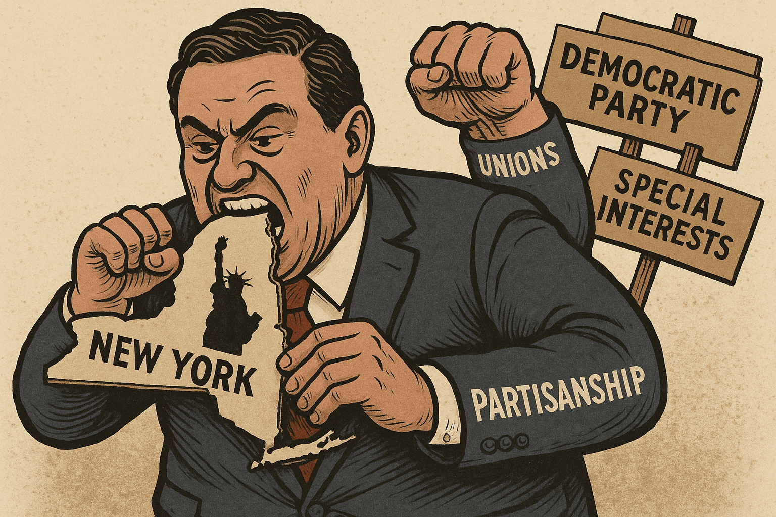 Political cartoon of a person representing partisanship, unions, the Democratic Party, and Special Interests taking a bite out of New York.