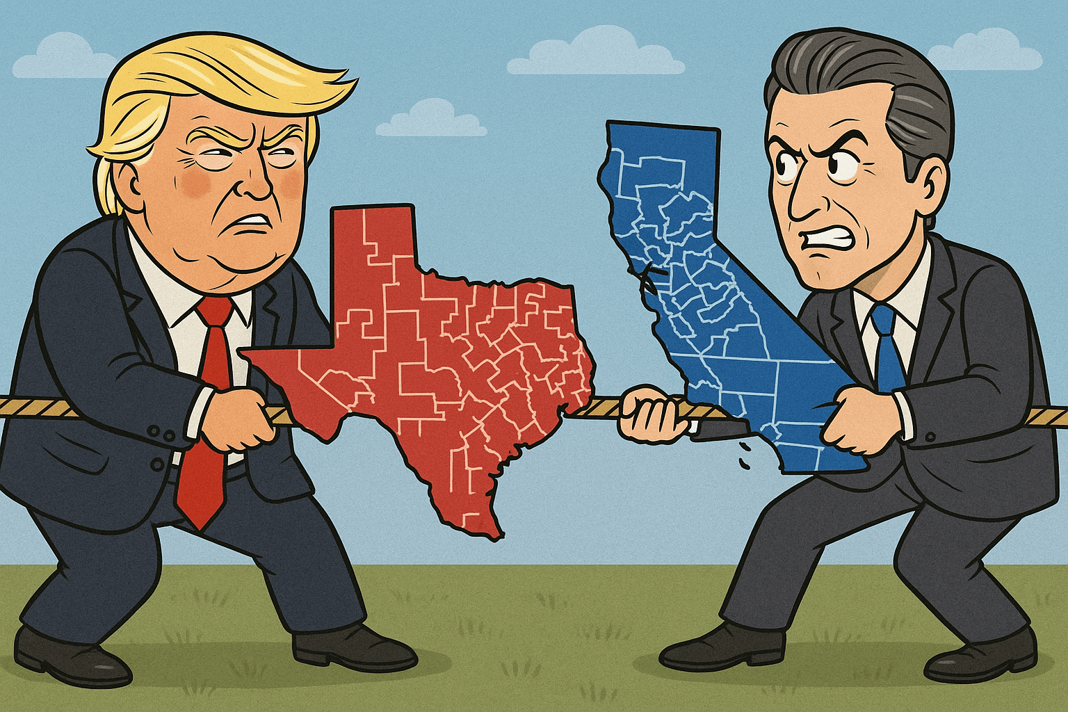 Trump and Newsom playing tug of war over maps of Texas and California.