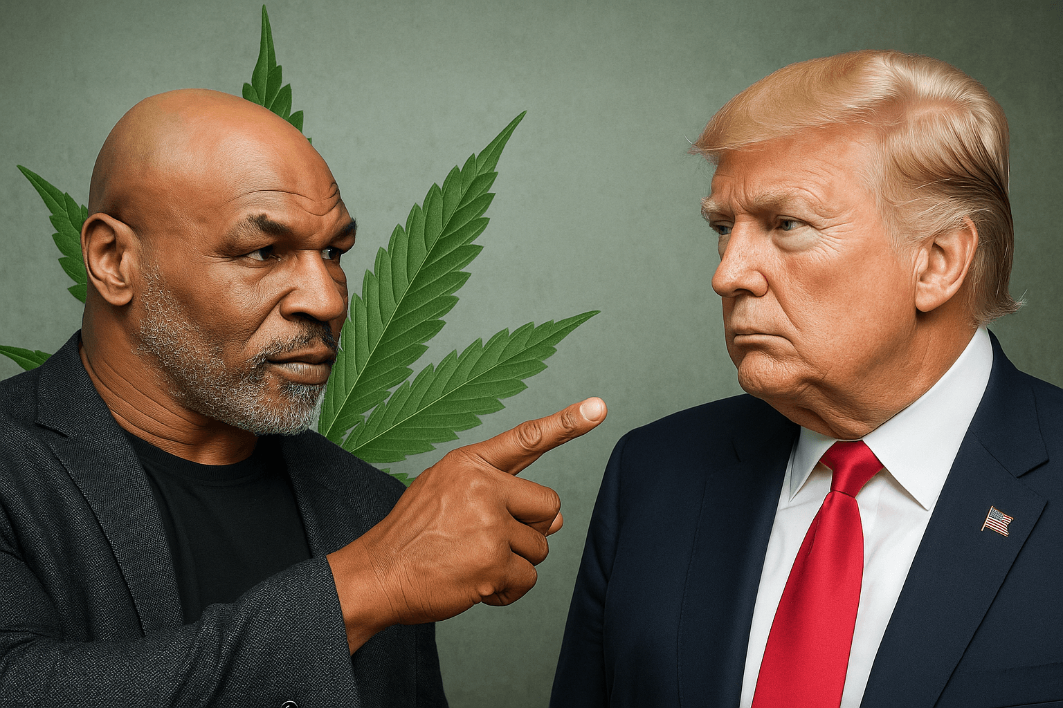 Tyson points at Trump with a marijuana leaf behind him. 