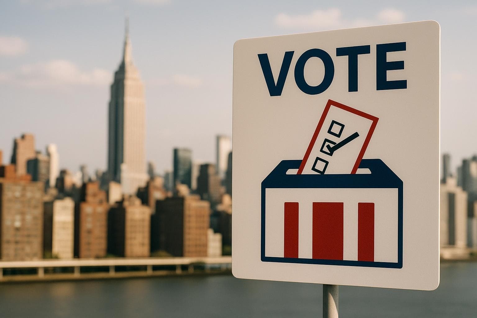 Vote sign with New York City skyline in the background. 