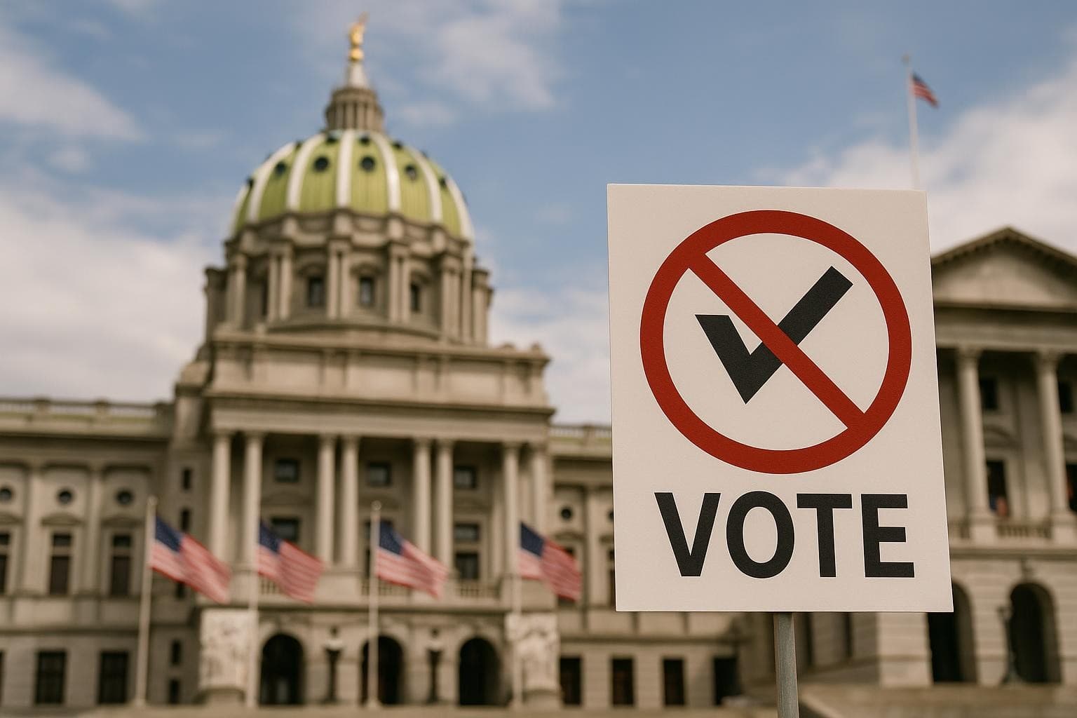Picture of PA capitol building with a no vote sign in front of it. 