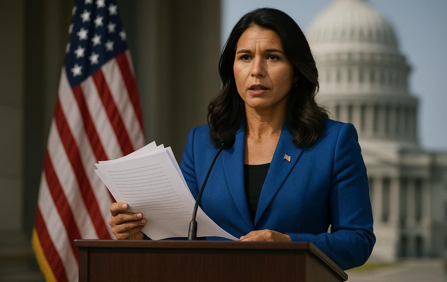 Tulsi Gabbard Reading Documents at a Podium in Front of the Capitol and an American Flag