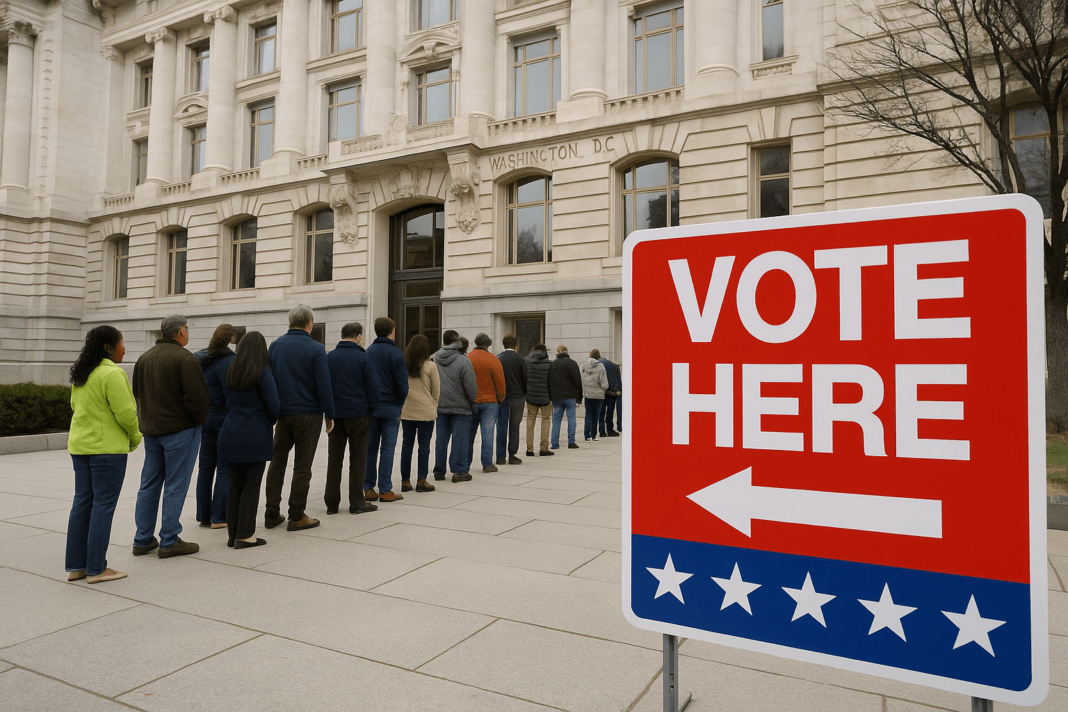 vote here sign with people standing in line to vote. 