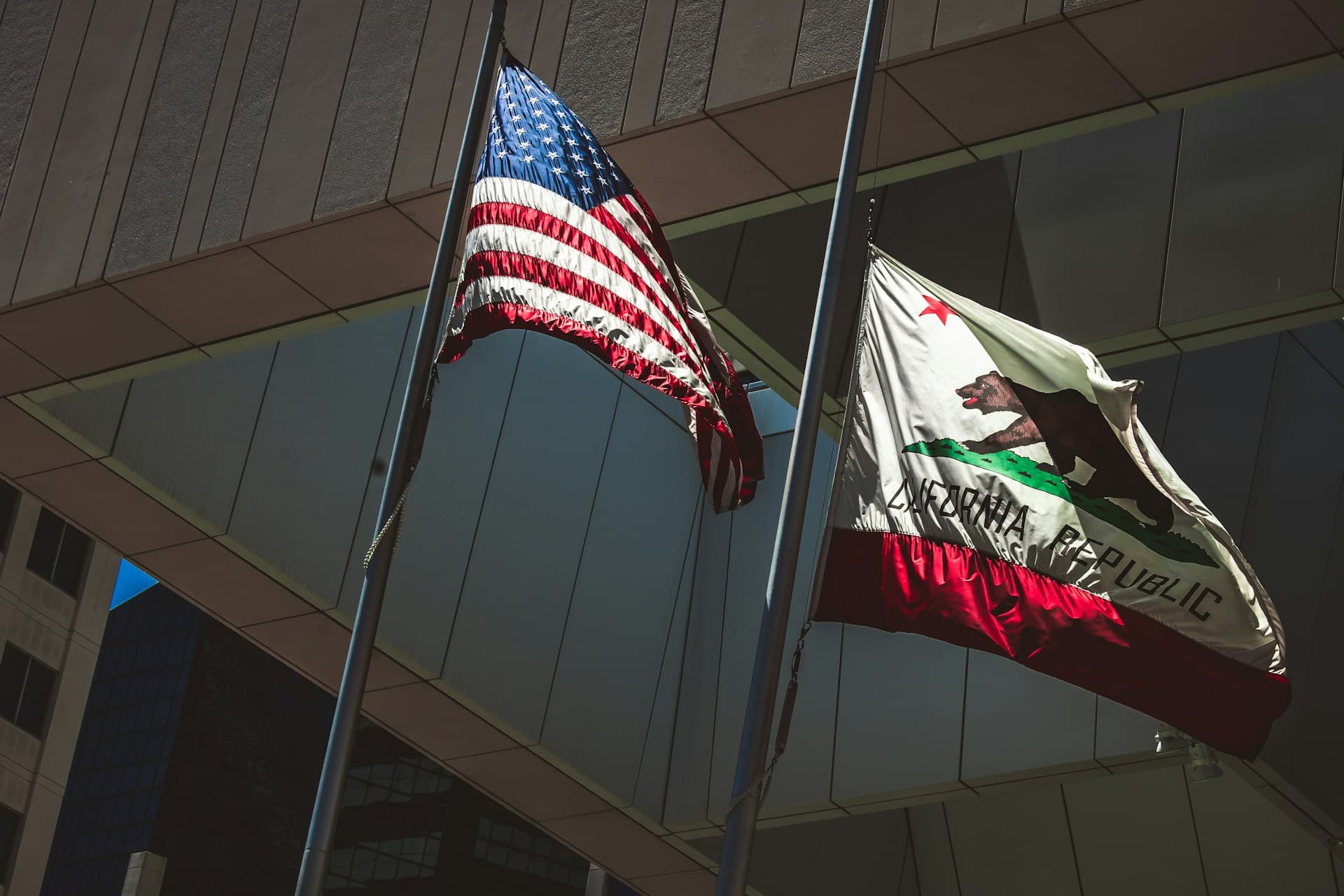 California and US flags. 