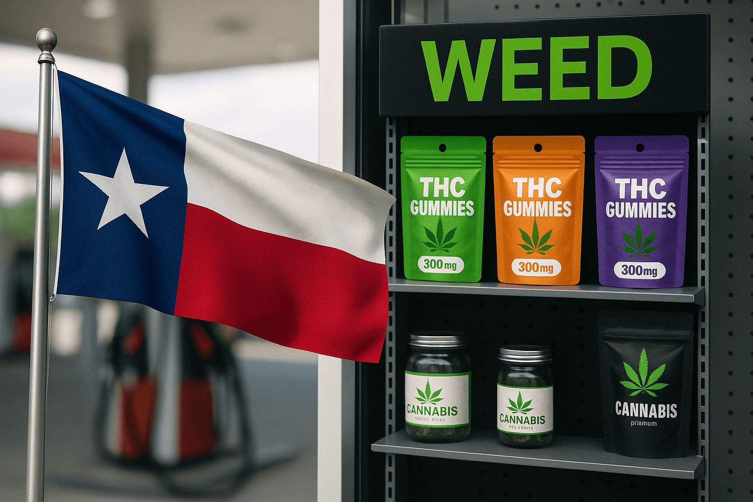 Gas station weed signs next to Texas flag