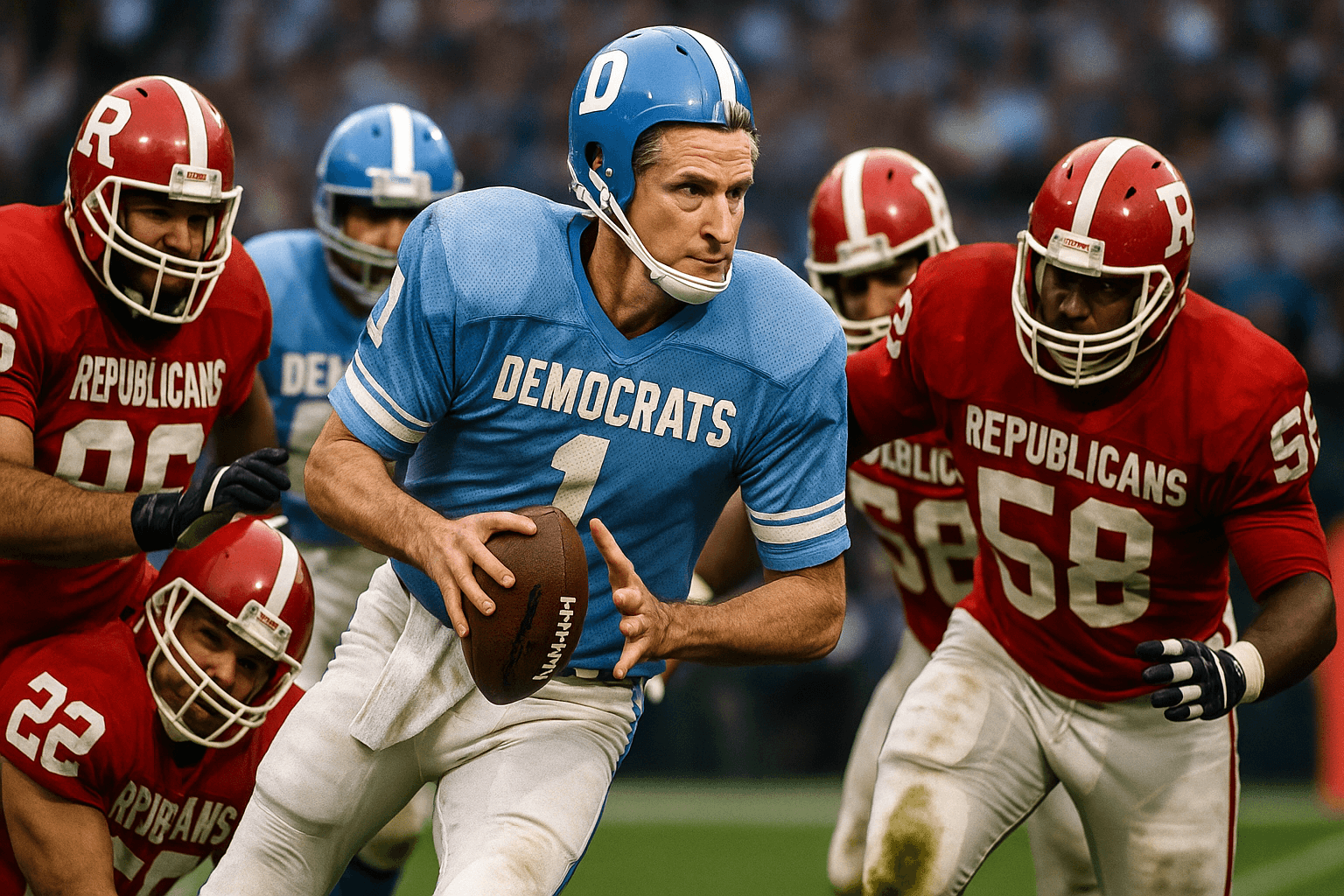 Gavin Newsom as a quarterback in a Democrat jersey about to be tackeld by players in Republian jerseys.