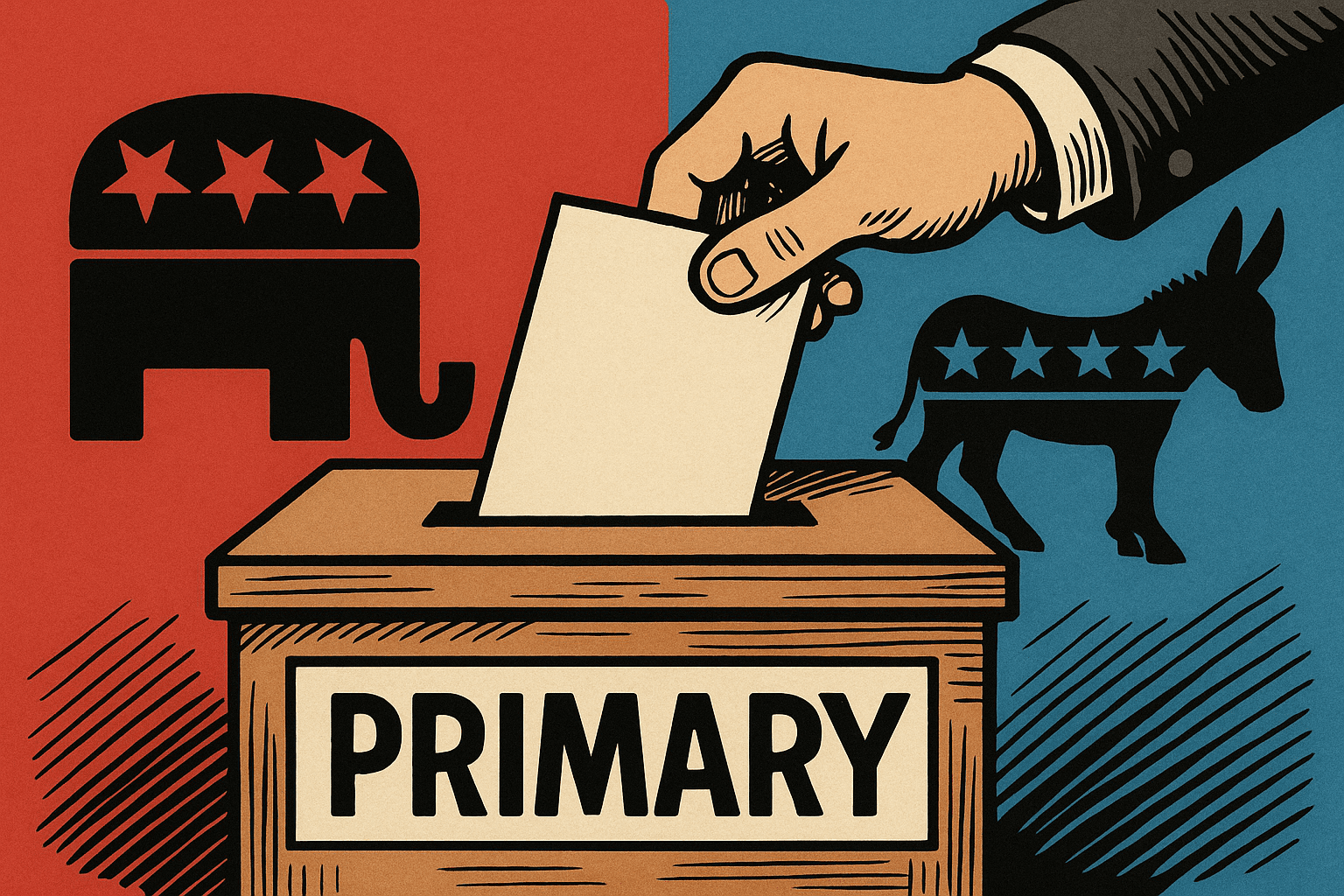 Cartoon hand placing a ballot into a box that says primary on it with a GOP elephant and Democrat donkey in the background.