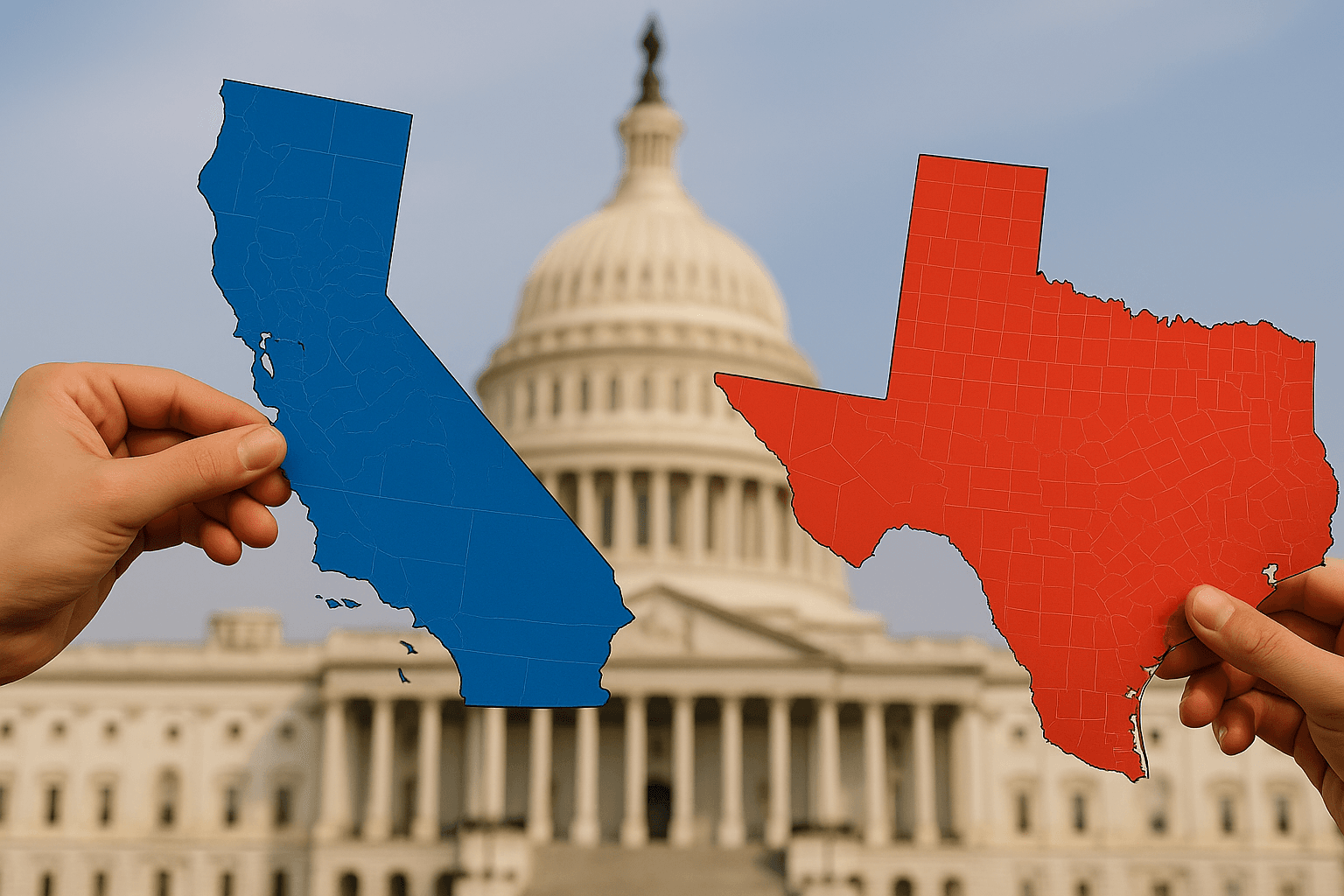 One hand holding a blue California and another holding a red Texas in front of the US Capitol Building.