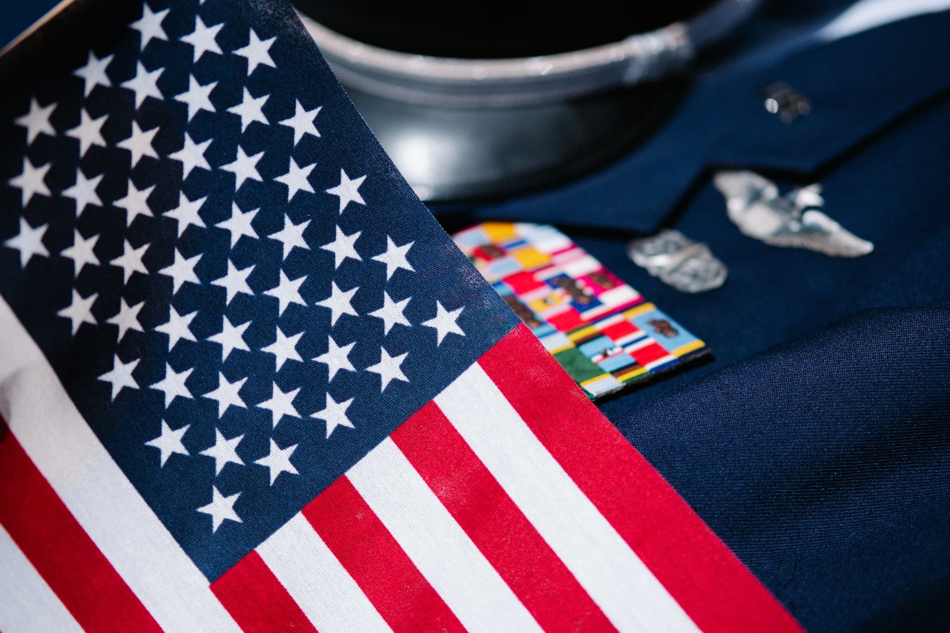 flag on top of military uniform. 