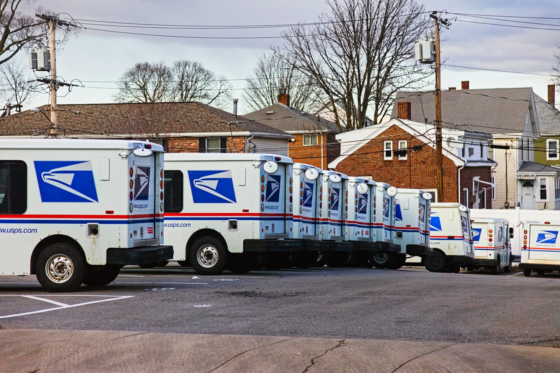 USPS trucks parked next to each other.