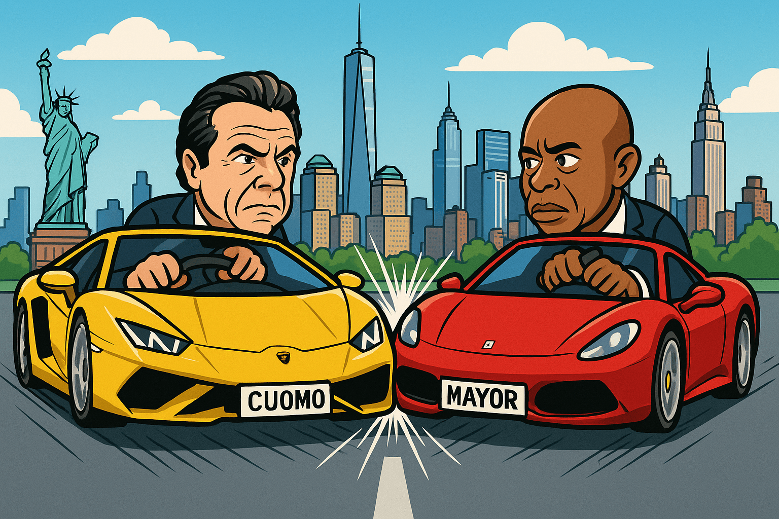 Cartoon image of Cuomo and Adams running into each other with cars.
