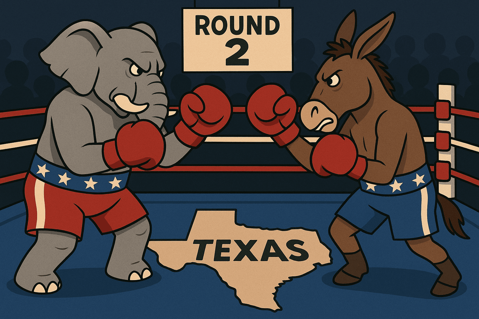 Two symbols of the major parties squaring off in a boxing ring that says Texas on it.