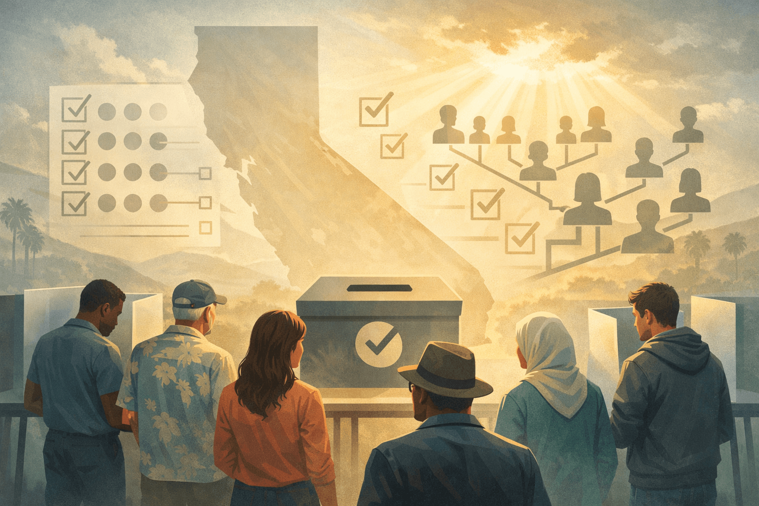 Illustration of diverse California independent voters participating in a nonpartisan election, representing support for more choice, open primaries, and election reform.