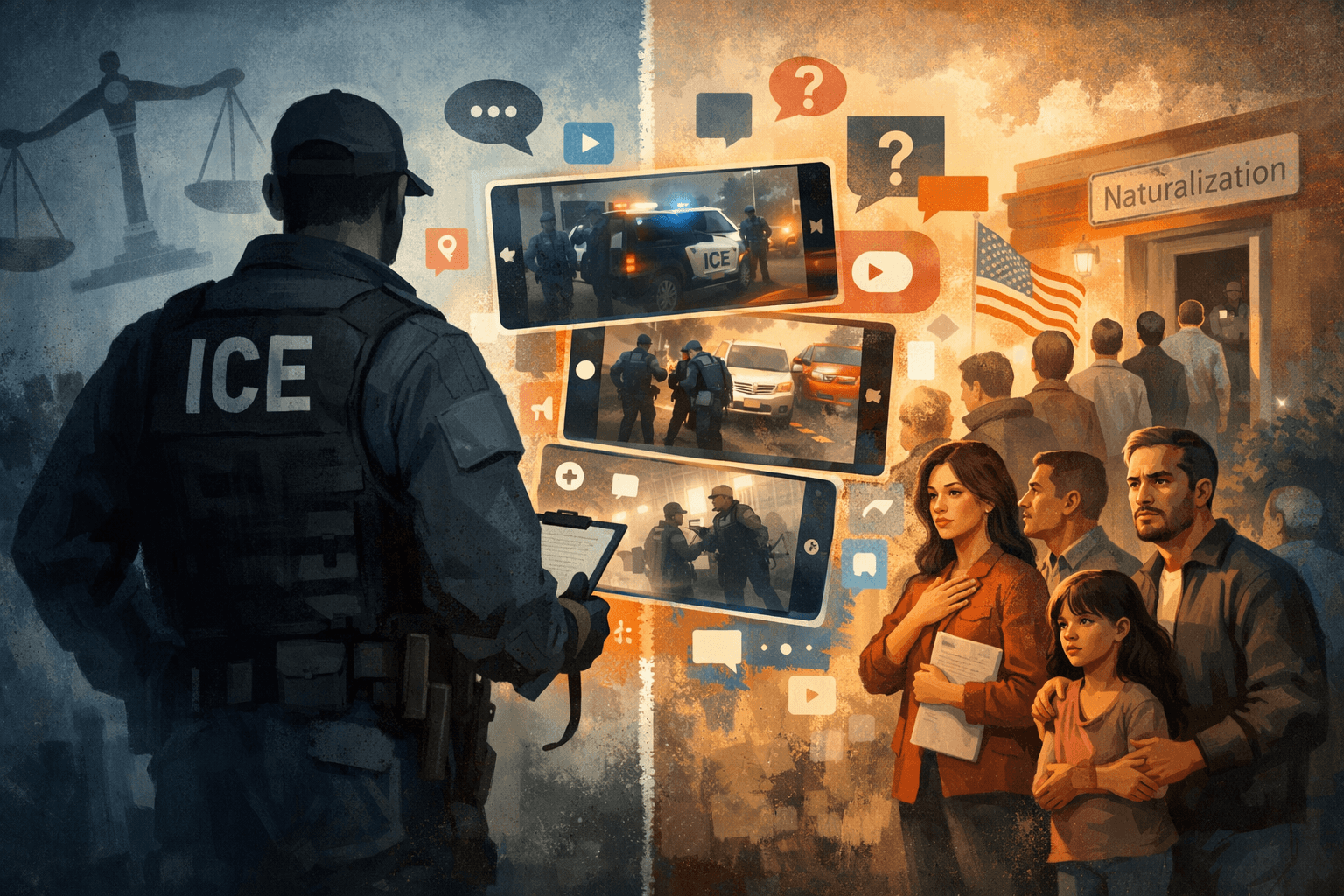 Illustration showing an ICE agent, divided public narratives, and immigrant families waiting for naturalization, highlighting the national debate over immigration enforcement beyond red and blue politics.